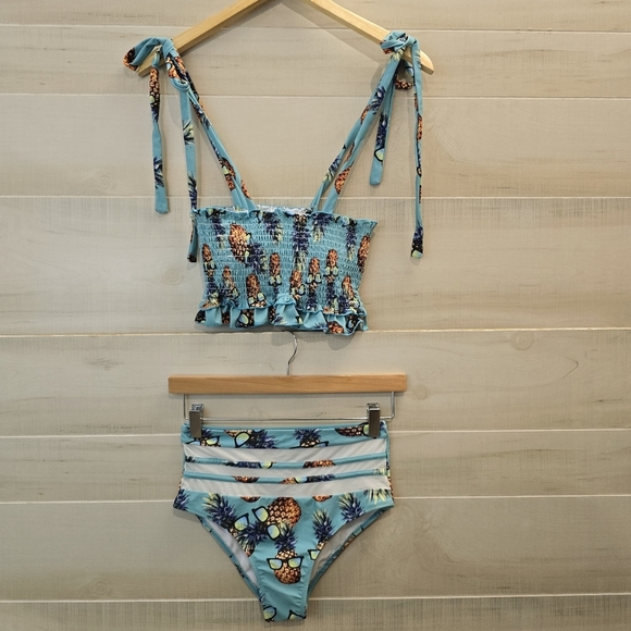 no brand Other - {S} Pineapple With Sunglasses Bikini Smocked Top Teal